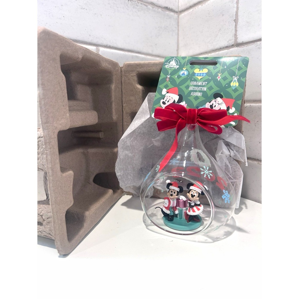 Disney Mickey & Minnie Mouse Holiday Glass Ornament Decoration with Red Ribbon